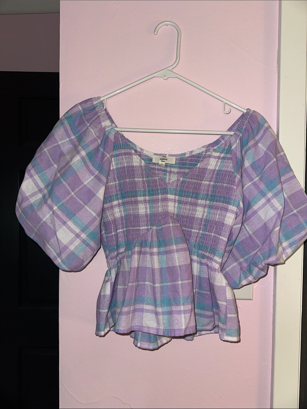 entro Lavender Plaid Puff-Sleeve Peplum Top